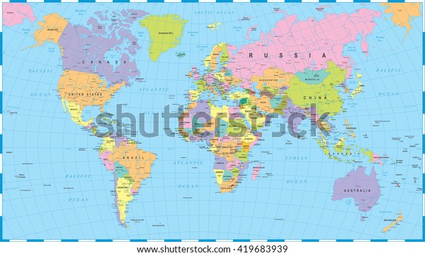 Colored World Map Borders Countries And Cities Illustration Images