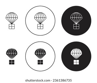 parachute icon set. skydiving paratrooper vector symbol. emergency airdrop package delivery sign in black filled and outlined style.