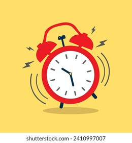 red alarm clock classic vintage retro ring bell 2d flat simple vector cartoon style illustration icon, morning alert wakeup time timepiece concept, countdown sale deadline watch loud noice isolated