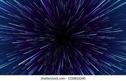 Deformación estelar. Salto hiperespacial, rastros de estrellas en movimiento luz y viaje a velocidad interestelar. Ilustración de fondo vectorial abstracta del túnel de espacio de orificios