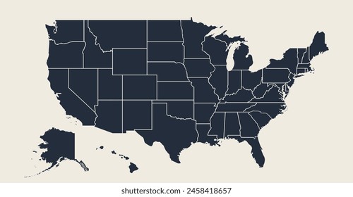 USA Map. Poster map of United States of America. Black and white print of USA with states, poster or geographic, political theme. Black and white print map of USA states. Vector Illustration