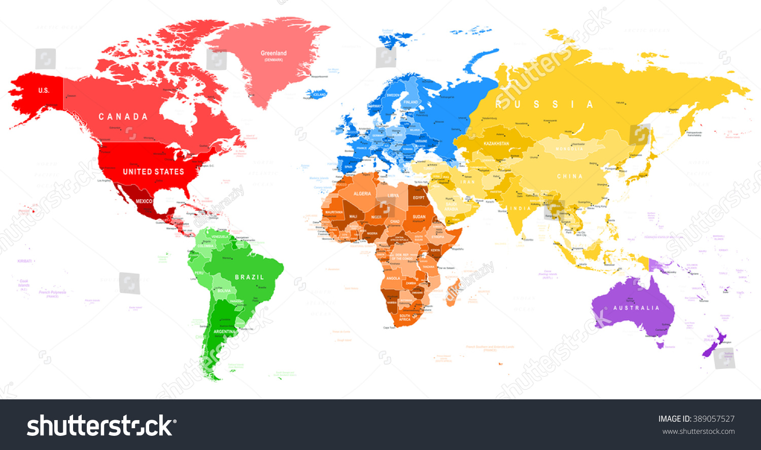 Colored World Map Borders Countries And Cities Illustration Images