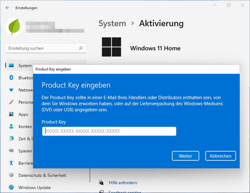 Geben Sie Product Key ein