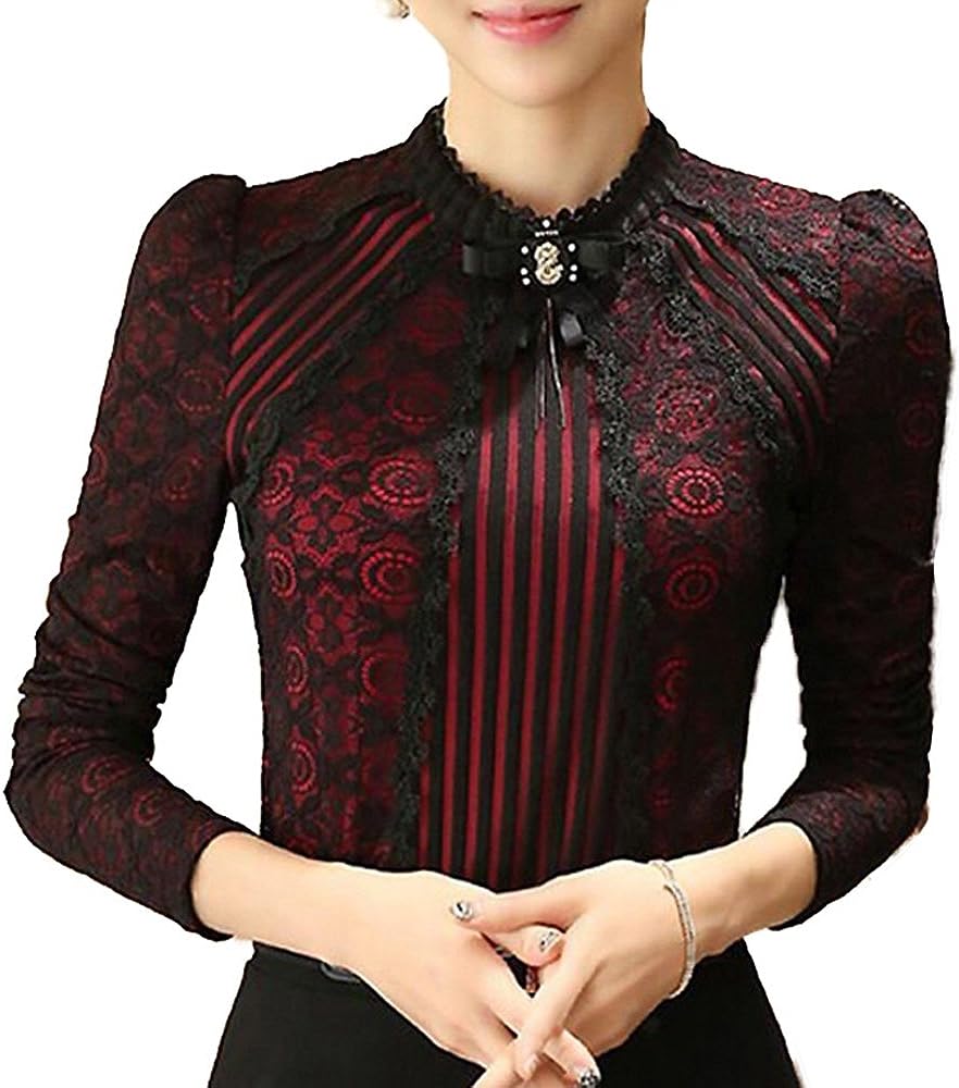 Victorian Clothing, Costumes & 1800s Fashion SansoiSan Womens Vintage Beaded Buttons Pleated Shirt Long Sleeve Lace Stretchy Blouse  AT vintagedancer.com