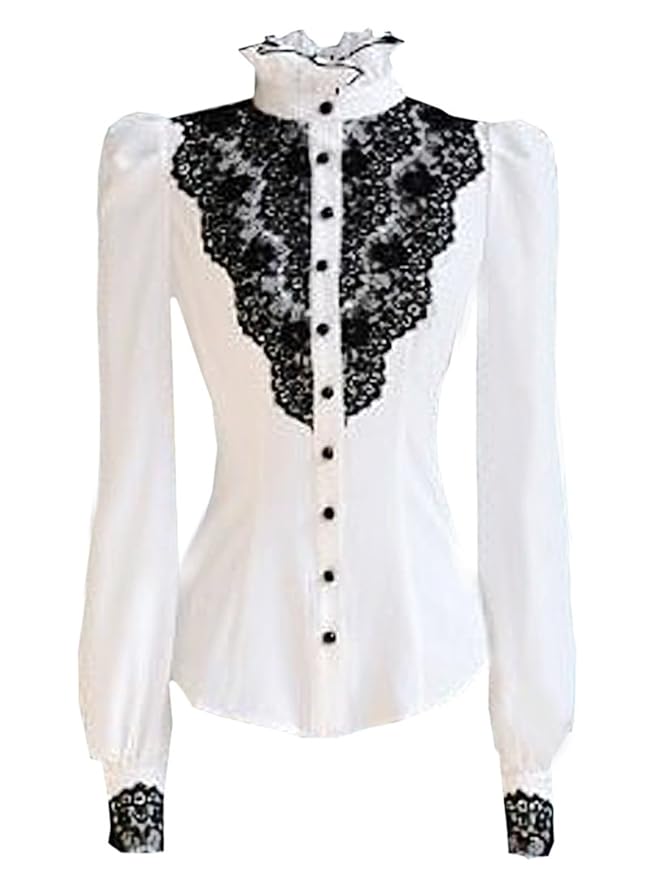 Victorian Blouses, Tops, Shirts, Vests, Sweaters Vintage White With Black Lace Stand-Up Collar Puff Long Sleeve Shirt  AT vintagedancer.com