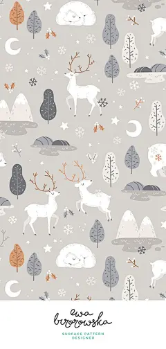 Winter night - winter mood scandinavian textile pattern design in beige and gray colorway. Christmas illustration, christmas pattern, christmas textile, winter pattern, winter illustration, winter pattern, bear illustration, bear pattern, reindeer illustr