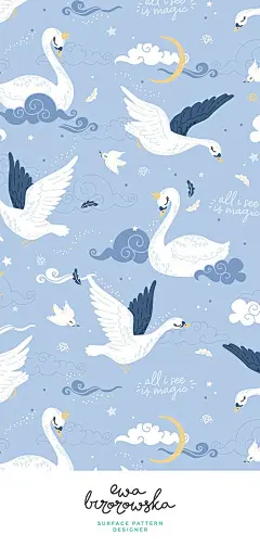 All I see is magic - blue gold version.  Children textile, swan illustration, swan pattern, magic illustration, nursery textile, nursery pattern design, girl nursery, nursery decor, girl pattern, girl illustration, surface pattern design, magical pattern,