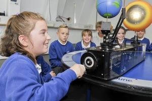 Teaching Primary Science: a child looks at a model of Earth and the wider Solar System