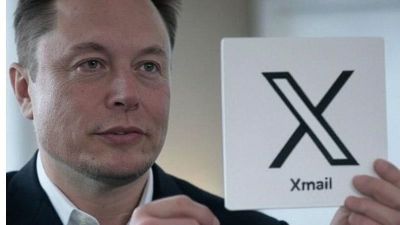 AI Art of Elon Musk holding a sign showing the upcoming Xmail logo.