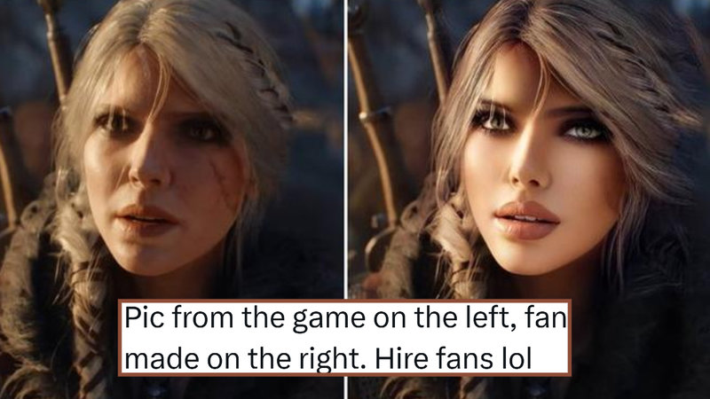 Hire Fans LOL meme explained depicting two images of Ciri from The Witcher 4, one unedited and one yassified.