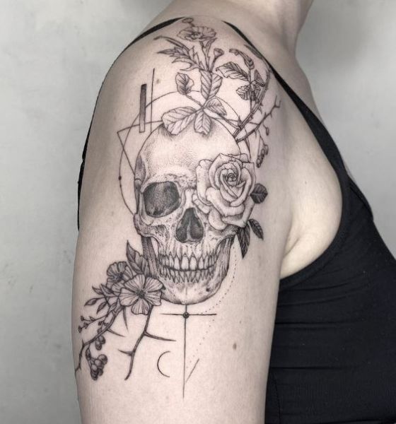 Neo-traditional Lily with Skull Tattoo