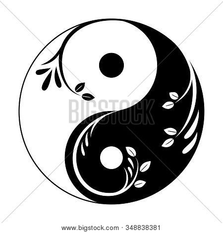 Decorative Yin Yang Symbol. Abstract Yin-yang Icon With Sprigs And ...