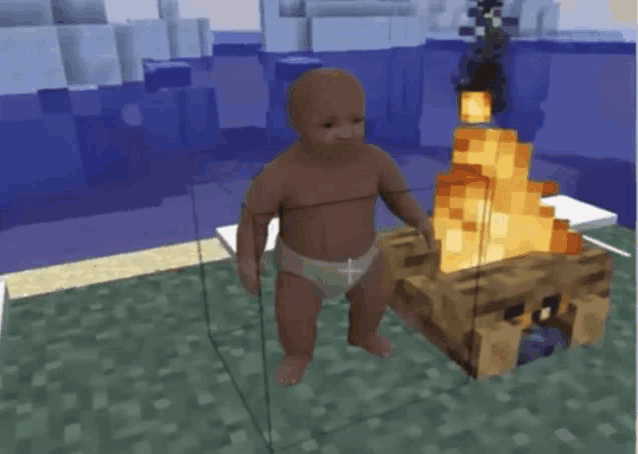 a baby in a diaper is standing next to a fire in a minecraft game