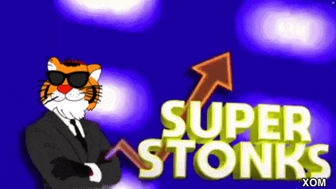 a cartoon tiger in a suit and tie stands in front of a super stonks logo