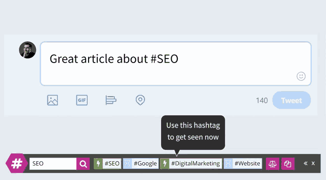 a tweet says great article about #seo and has 140 tweets