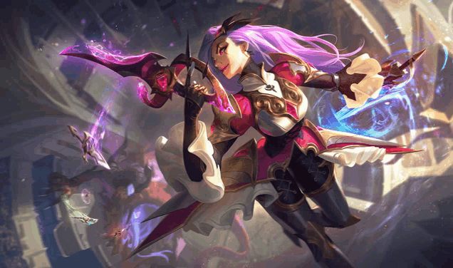 a woman with purple hair is holding a sword in her hand