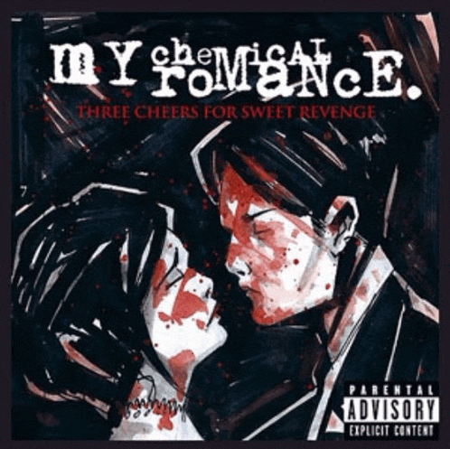 the album cover for my chemical romance three cheers for sweet revenge shows a man and woman kissing