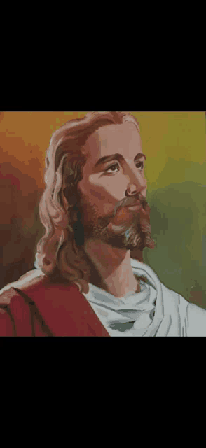 a close up of a painting of jesus with long hair