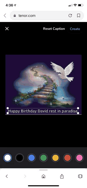 a phone screen shows a picture of a white dove flying over a staircase with the caption " happy birthday david rest in paradise "