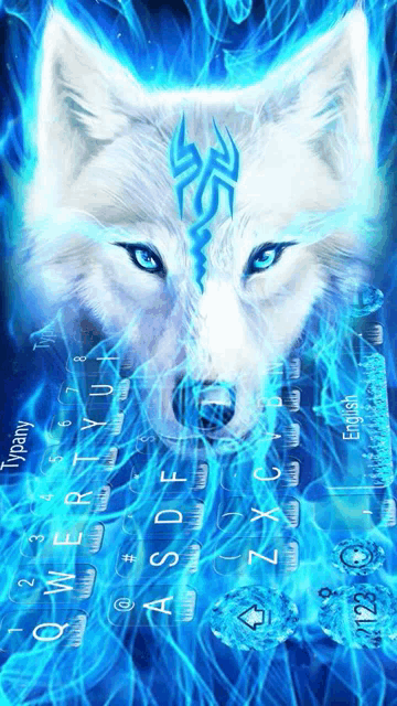 a keyboard with a picture of a white wolf with blue eyes