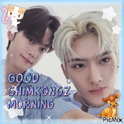 a picture of two young men with the words good shimkongz morning