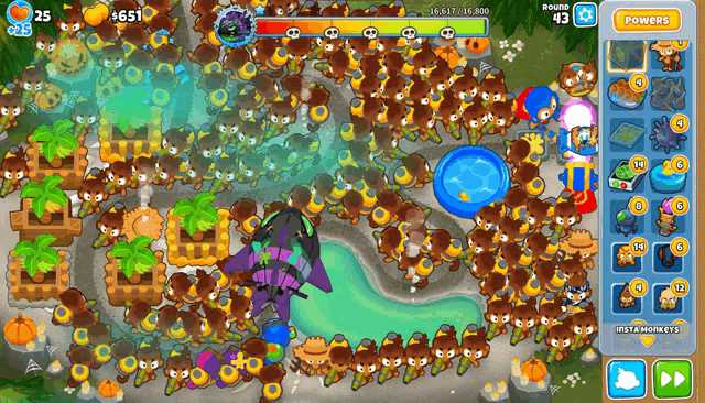 a screenshot of a game with monkeys and a purple rocket