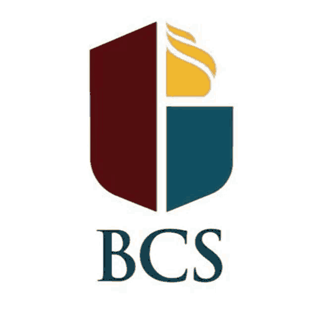 a logo for bcs with a shield and a flame on it