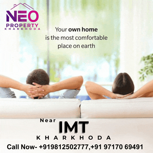 an advertisement for neo property kharkhoda shows a man and a woman sitting on a couch