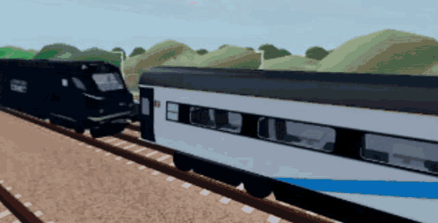 a blue and white train is pulling another train