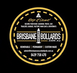 a logo for brisbane secure bollards that is black and yellow