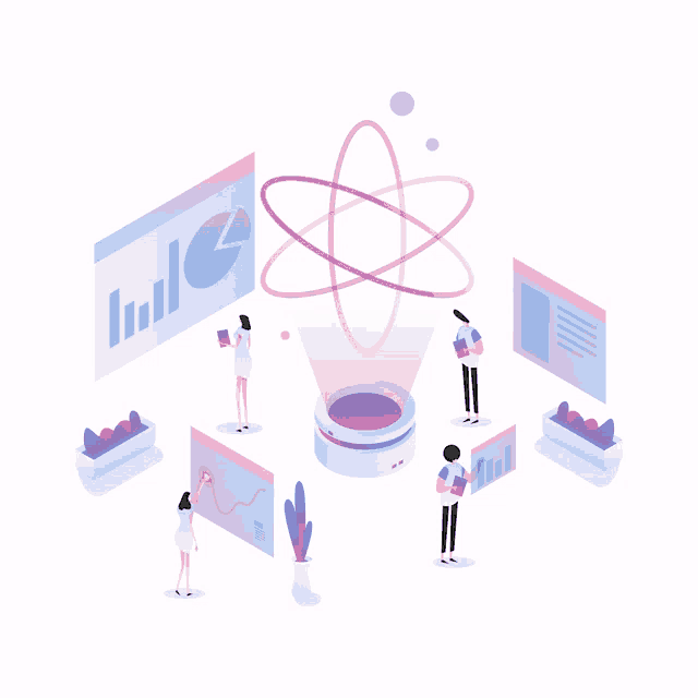 an illustration of a group of people standing around a glowing atomic structure