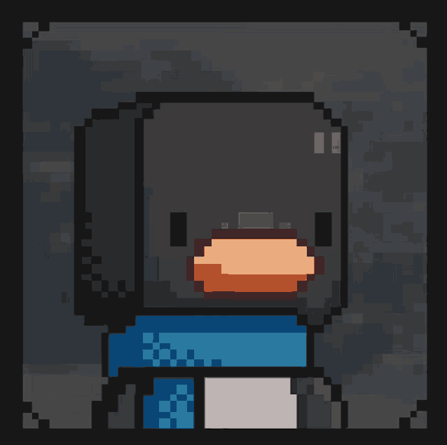 a pixel art drawing of a penguin wearing a blue scarf