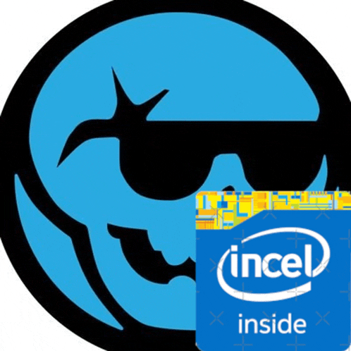 a blue skull with sunglasses next to an intel logo