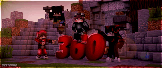 a group of minecraft characters are standing around a large red number 360