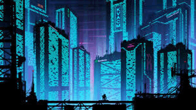 a man is standing on top of a bridge overlooking a futuristic city .