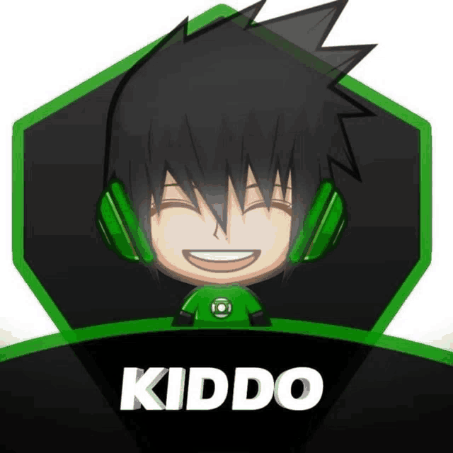 a kiddo logo with a boy wearing headphones and a green shirt