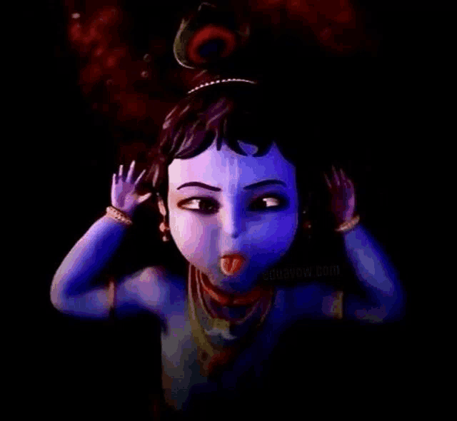 a cartoon of a baby krishna with a peacock feather on his head .