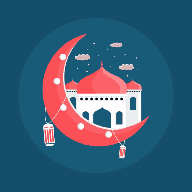 a mosque is surrounded by a crescent moon with lanterns hanging from it