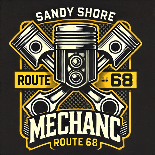 a logo for sandy shore route 68 mechanic with pistons and wrenches