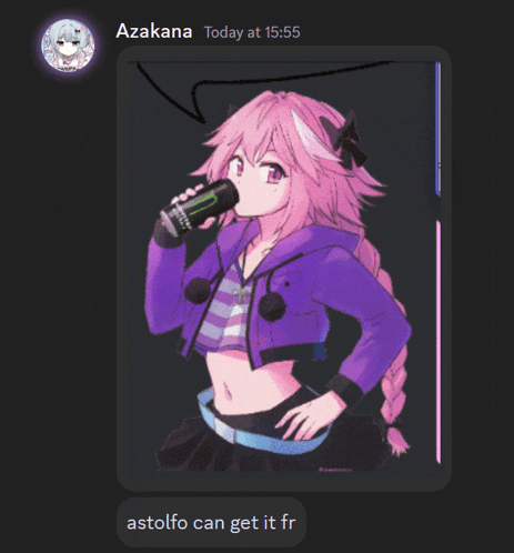 a picture of a girl drinking a monster energy drink with the words " astolfo can get it fr " below her