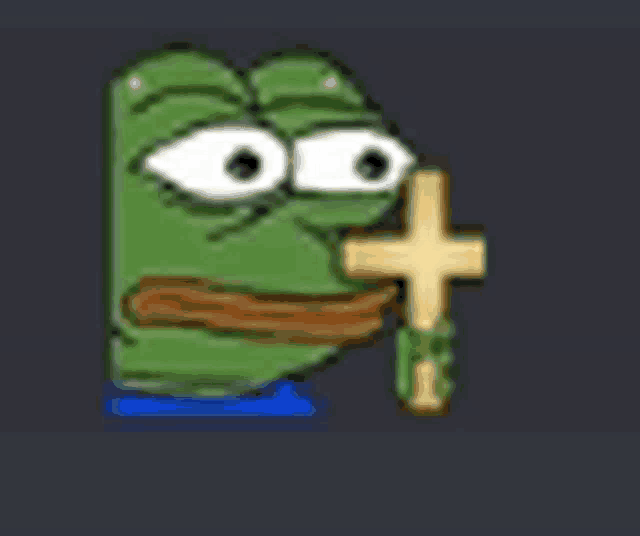 a cartoon frog is holding a cross in its mouth .