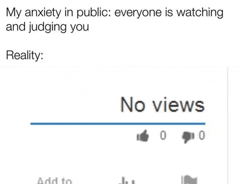 my anxiety in public : everyone is watching and judging you reality : no views .