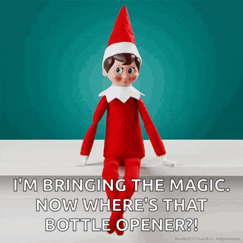 a picture of an elf on the shelf with the caption " i 'm bringing the magic "