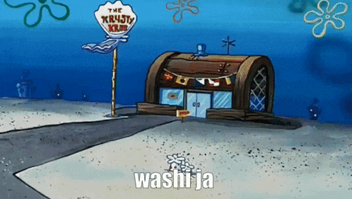 a cartoon of a krusty krab restaurant with a sign that says " washi ja "