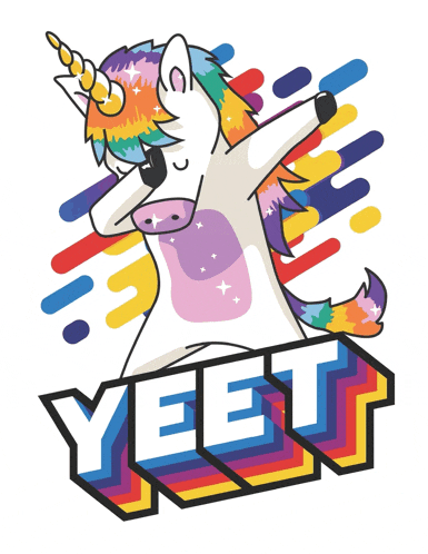 an illustration of a unicorn dancing with the word yeet in the background