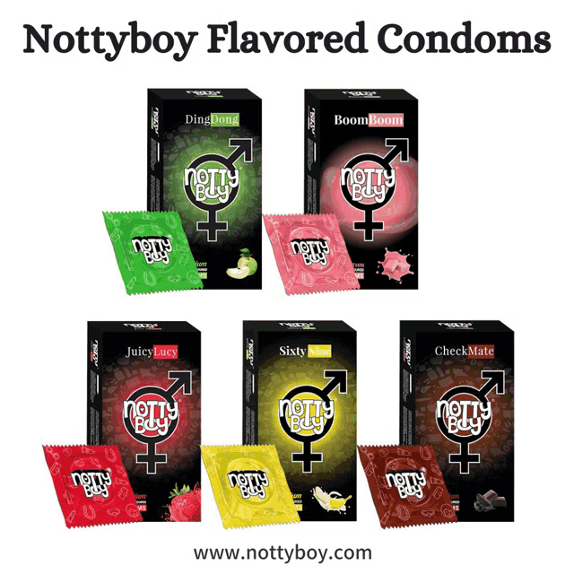 boxes of nottyboy flavored condoms are lined up on a white background