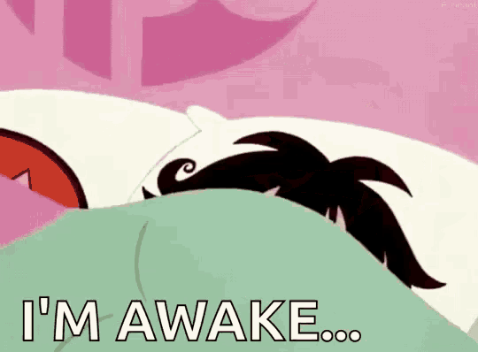 a cartoon character is laying in bed with the words `` i 'm awake ... '' written on the bottom .