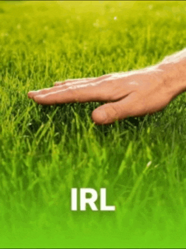 a person 's hand is touching a lush green field of grass with the word irl in the corner