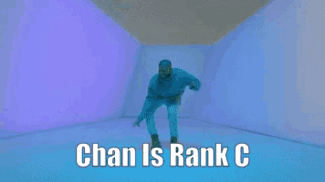 a man is dancing in a room with the words chan is rank c below him