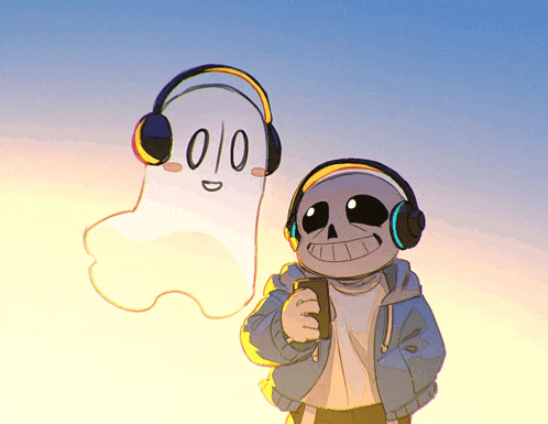 a cartoon drawing of a skeleton wearing headphones next to a ghost with the number 0 on its face